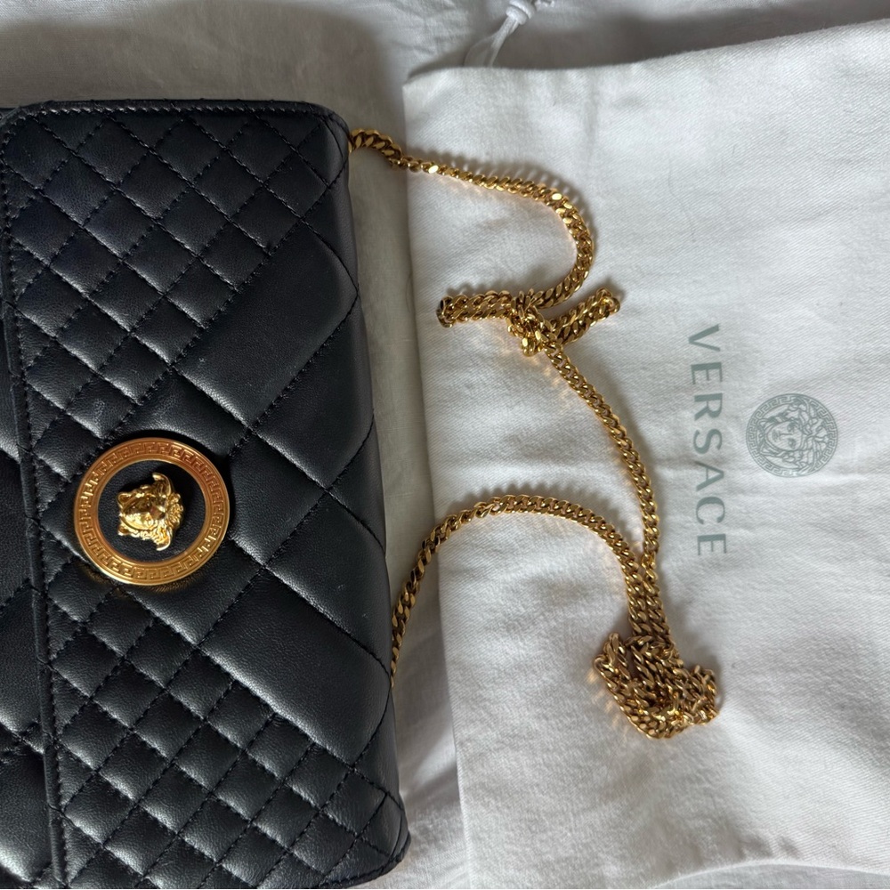 Versace Black Quilted Clutch with Gold Chain